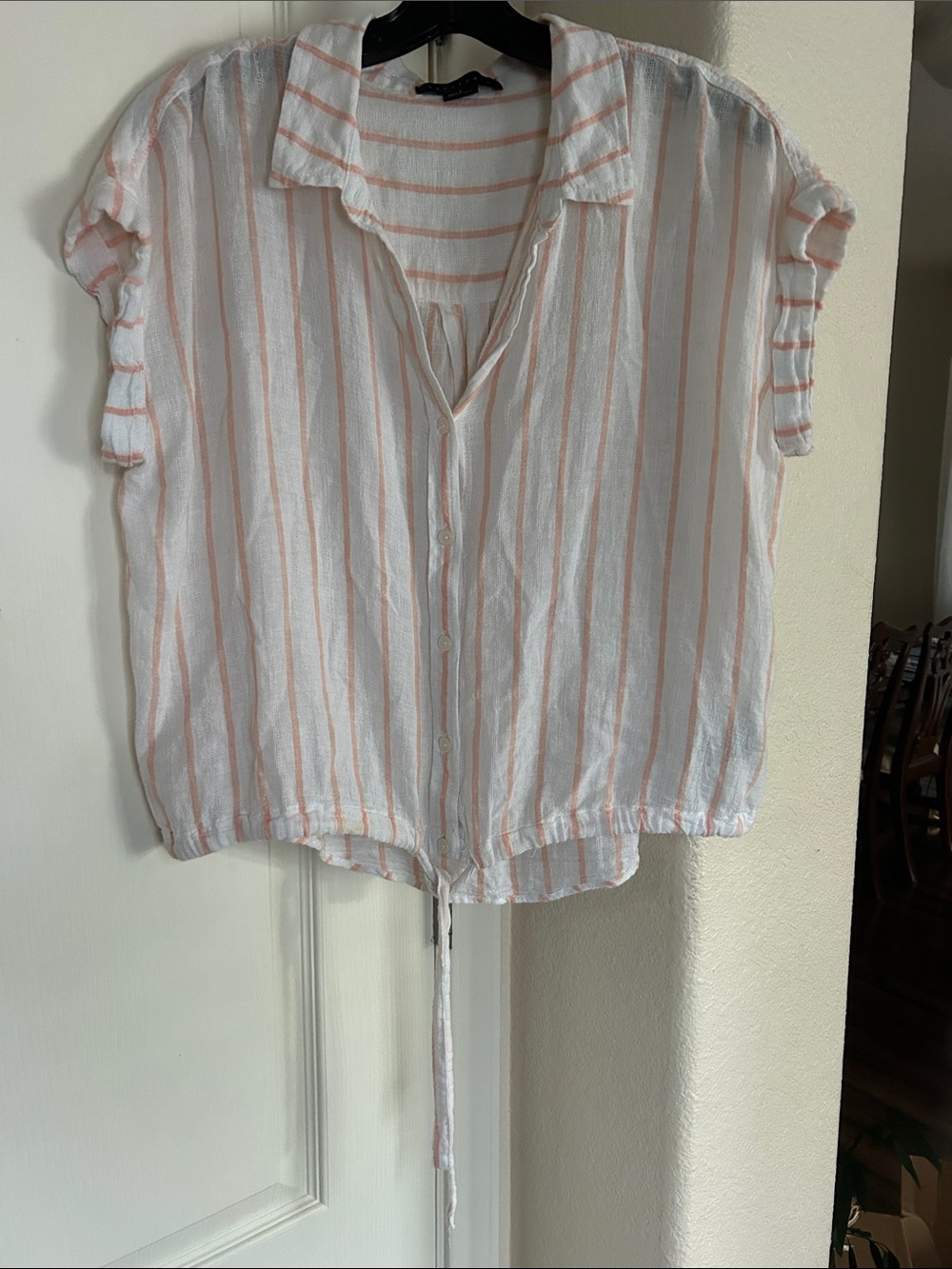 Sanctuary White Short-Sleeve Button Top with Peach Stripes